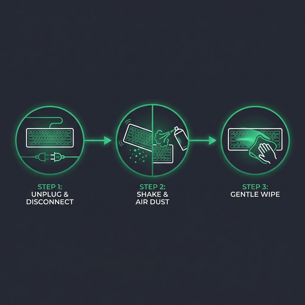 Keyboard Cleaning Workflow: Unplug, Dust, Wipe